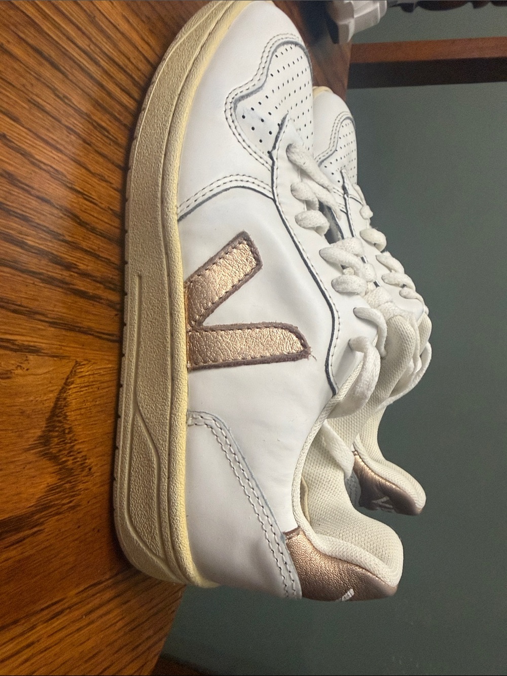 White Leather Sneakers with Rose Gold V Accent - Women's Sneakers (5Y/6.5W)